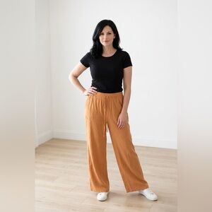 Cotton Bleu Women’s tan pants casual wear wide leg. Comfortable and lightweight.